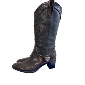 Brighton Toby Western Boots | Black & Brown Croc-Embossed Leather | Heart Detail